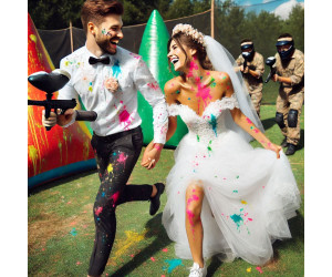 ein Paar in Hochzeitskleidung beim Paintball