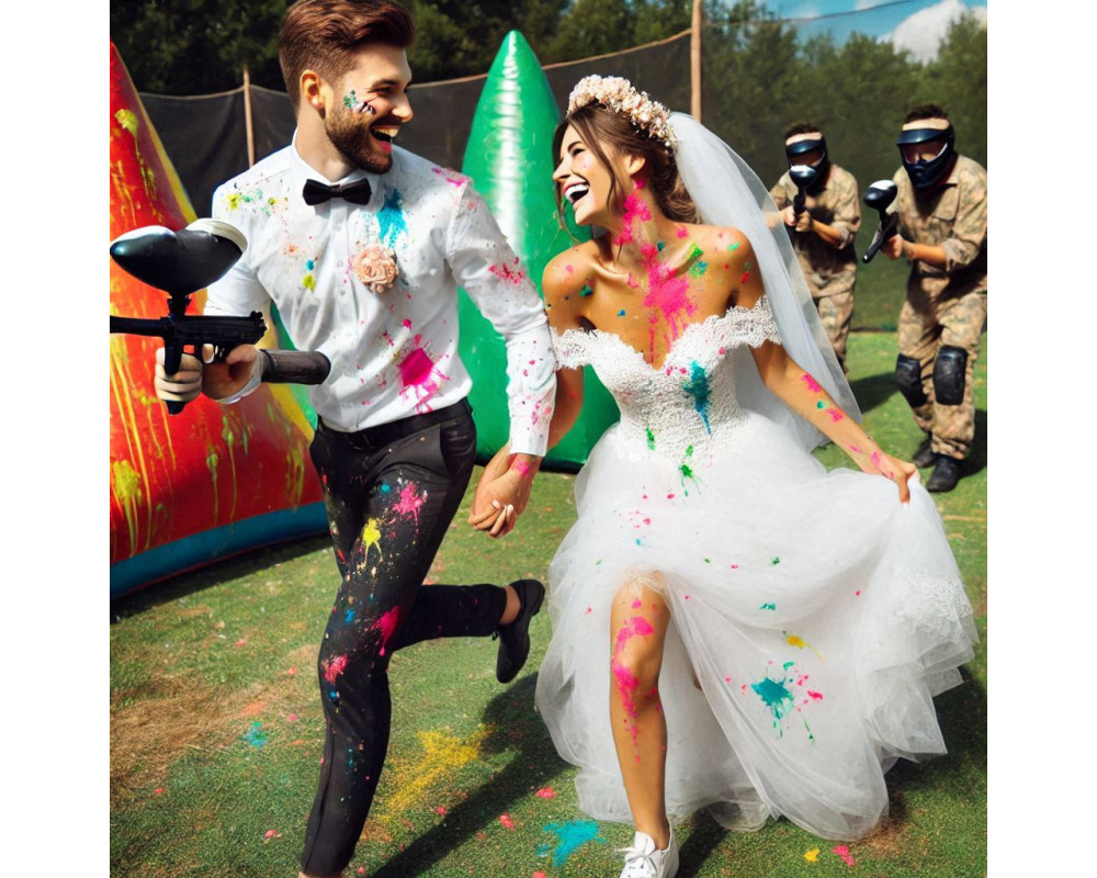 una coppia in abito da sposa che fa paintball